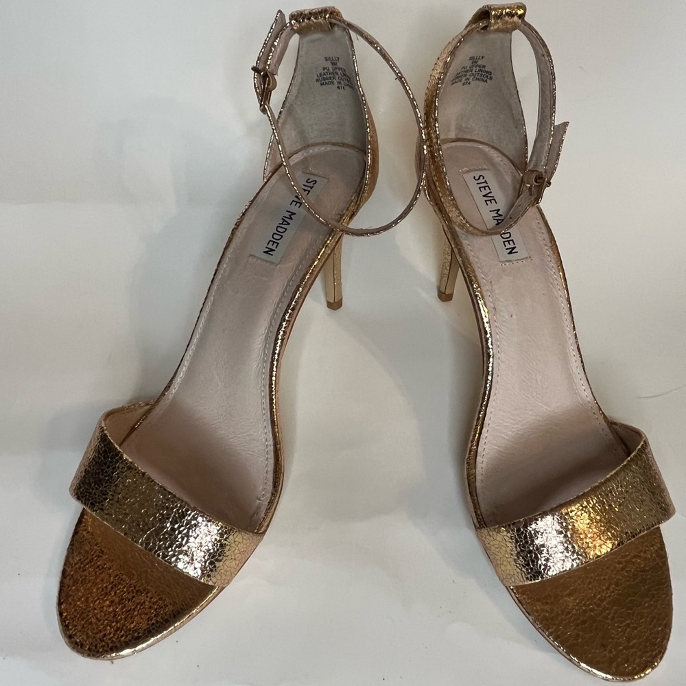 Steve Madden Sillly Strappy Open Toe Ankle Strap Rose Gold Metallic Heels